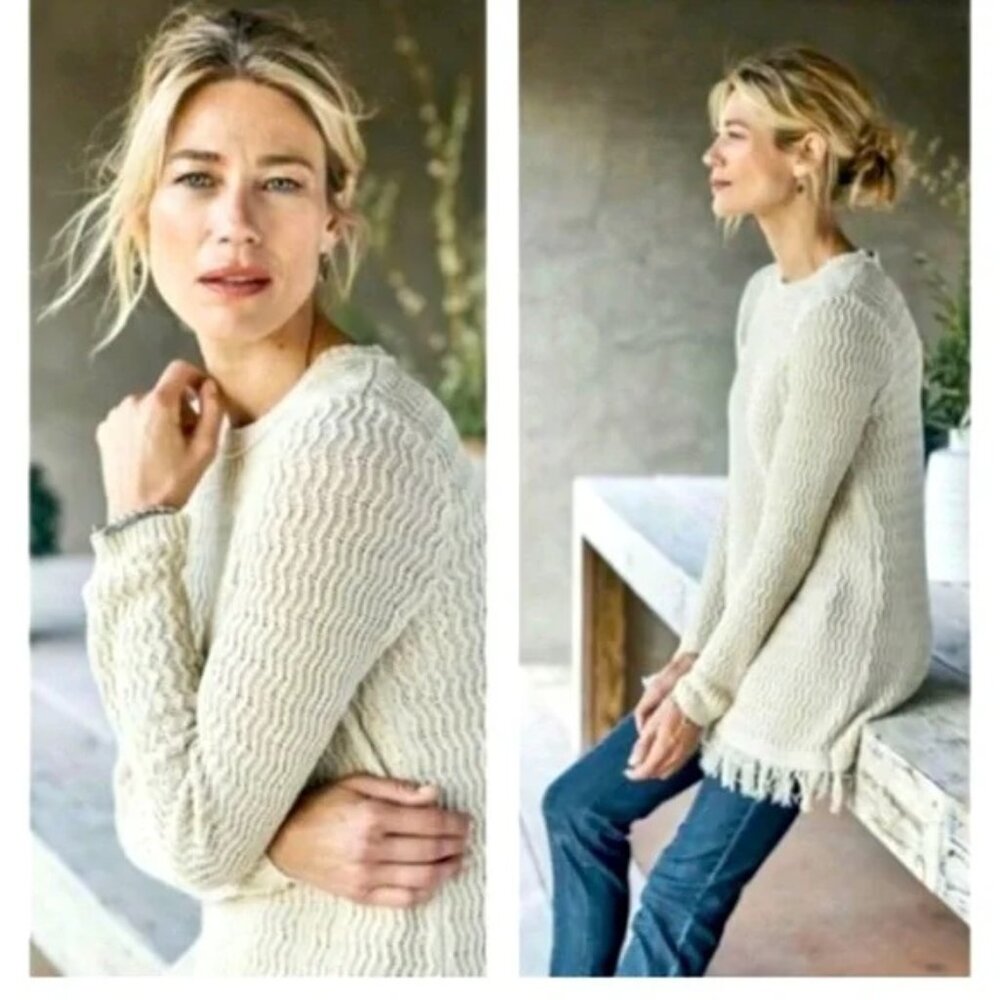 J. Jill Oatmeal Beige Textured Wavy Knit Fringe Hem‎ Tunic Sweater Womens Small